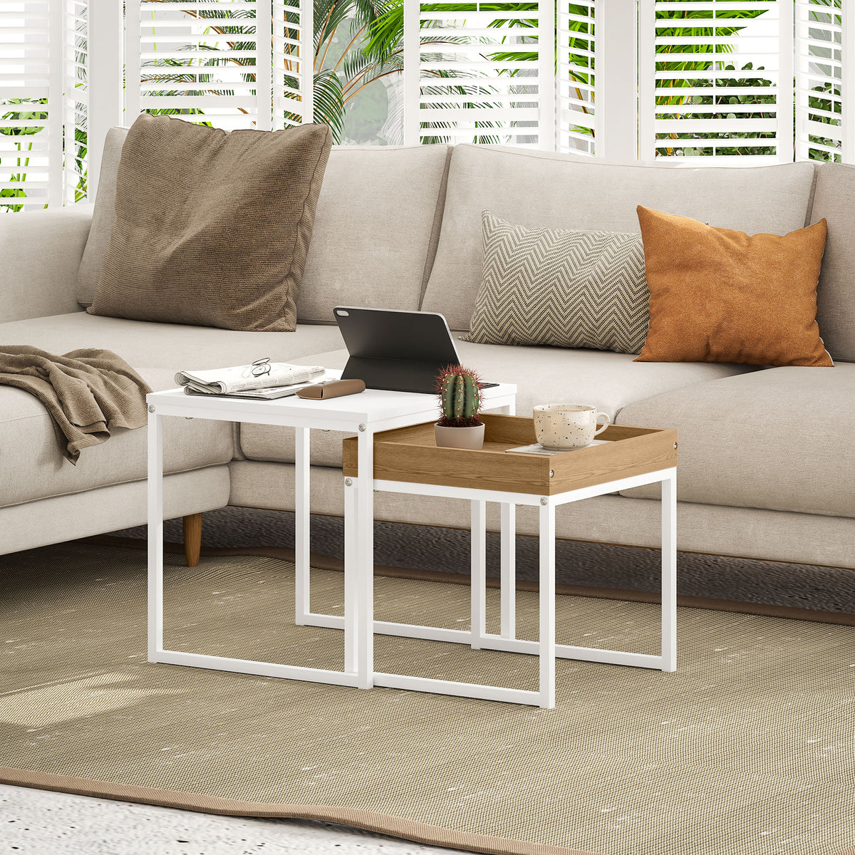 Set van 2 vierkante uitschuifbare salontafels, nesteltafels met stalen frame, moderne stijl, wit