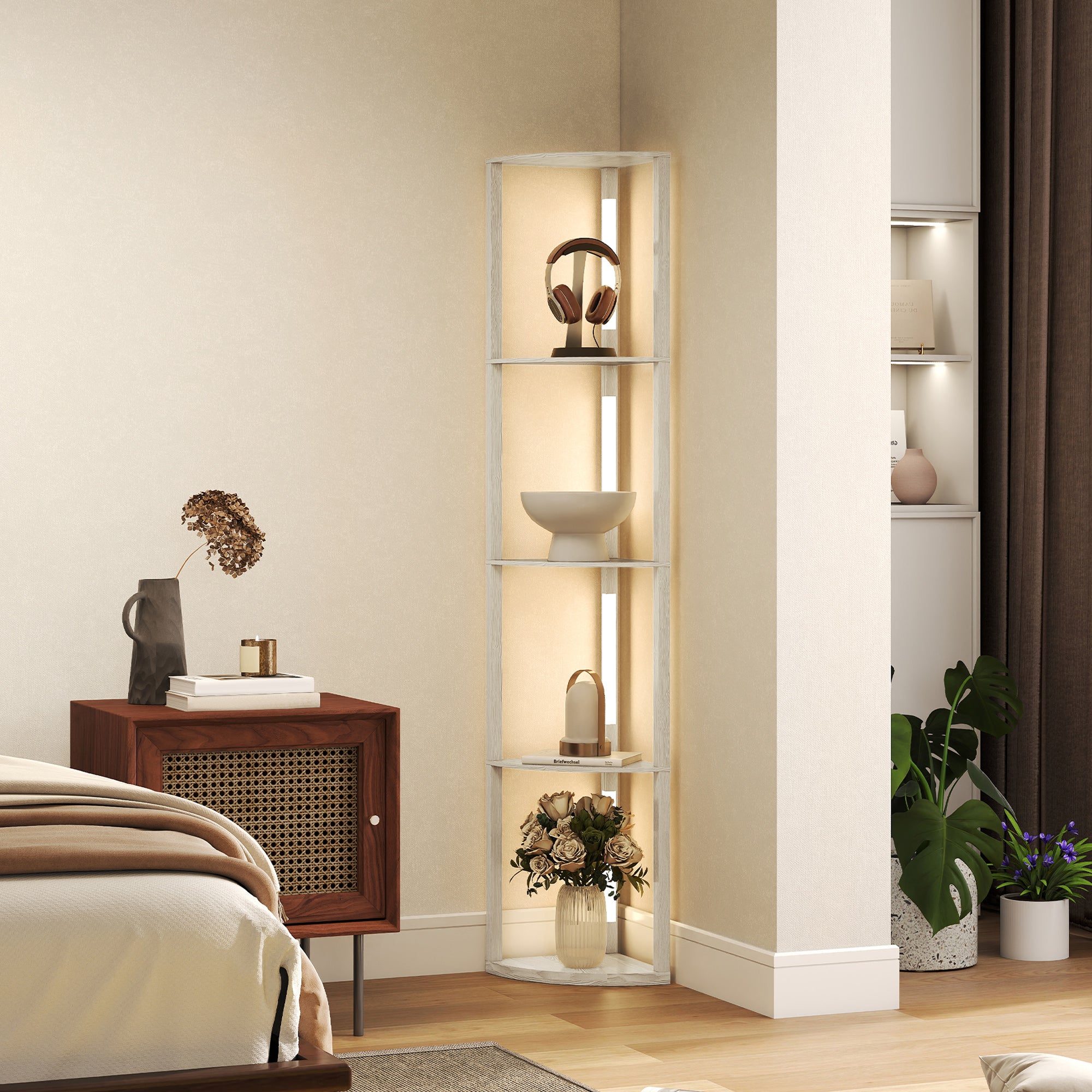 Lampadaire sur Pied Salon, Lampadaire avec Étagères d'Angle à 4 Niveaux, Lampe LED Dimmable, 41x29,5x163,5cm, Chêne
