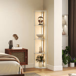 Lampadaire sur Pied Salon, Lampadaire avec Étagères d'Angle à 4 Niveaux, Lampe LED Dimmable, 41x29,5x163,5cm, Chêne