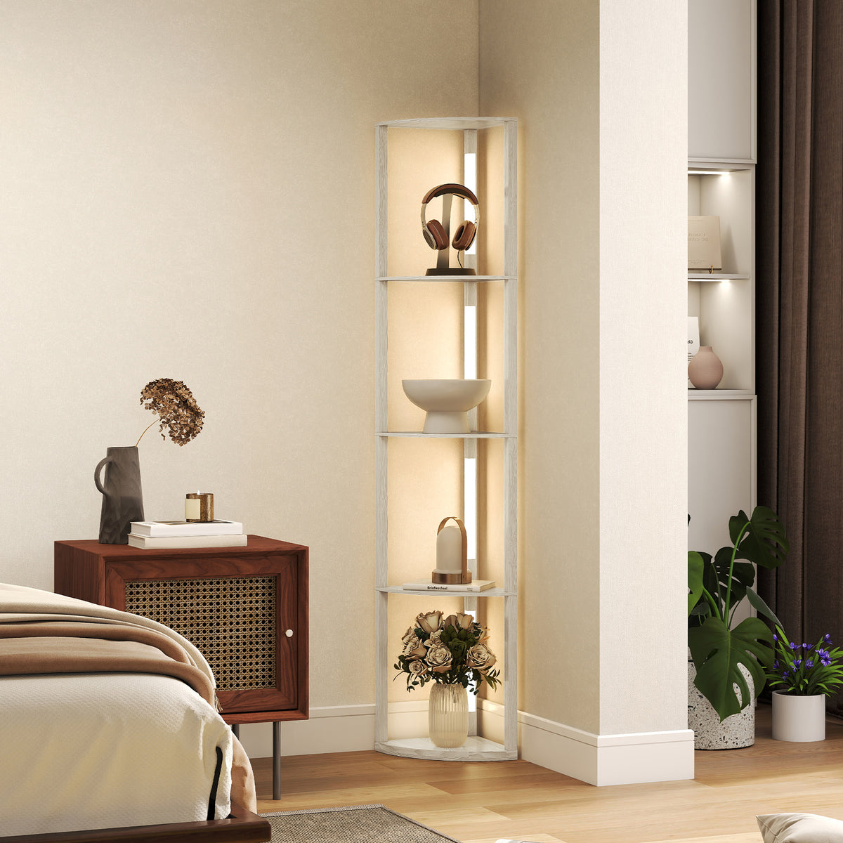 Lampadaire sur Pied Salon, Lampadaire avec Étagères d'Angle à 4 Niveaux, Lampe LED Dimmable, 41x29,5x163,5cm, Chêne