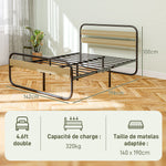 Lit double 140 x 190 cm, cadre de lit en acier style industriel, tête de lit et sommier inclus, aspect bois