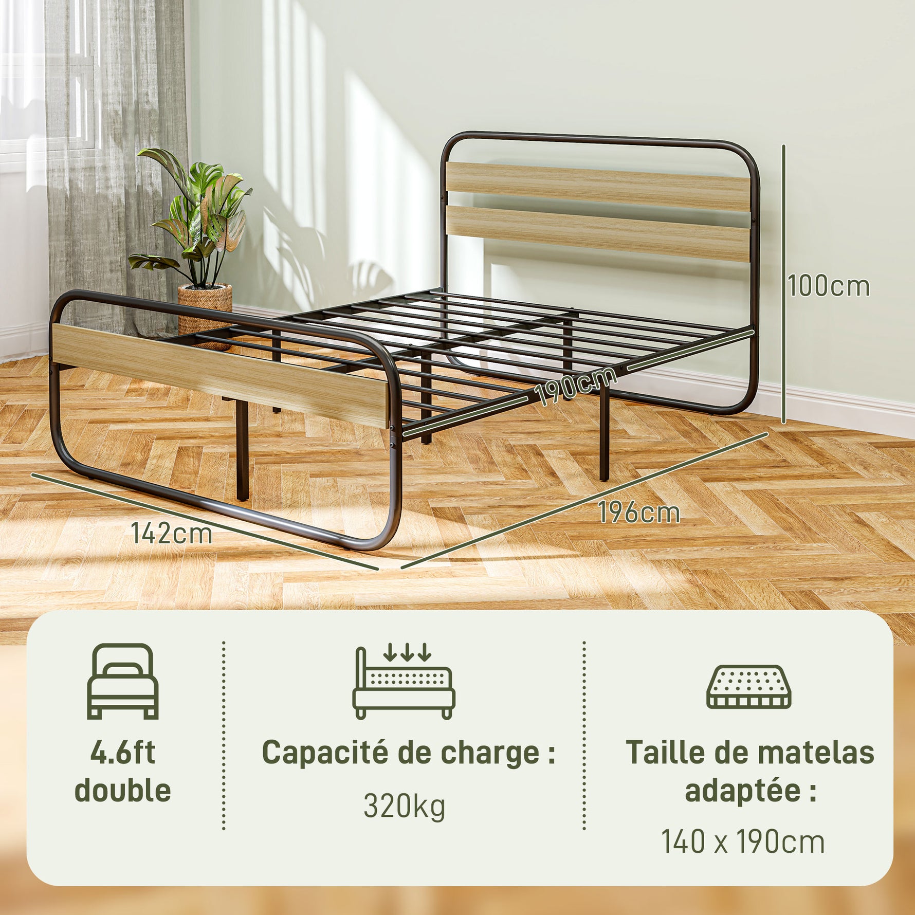 Lit double 140 x 190 cm, cadre de lit en acier style industriel, tête de lit et sommier inclus, aspect bois