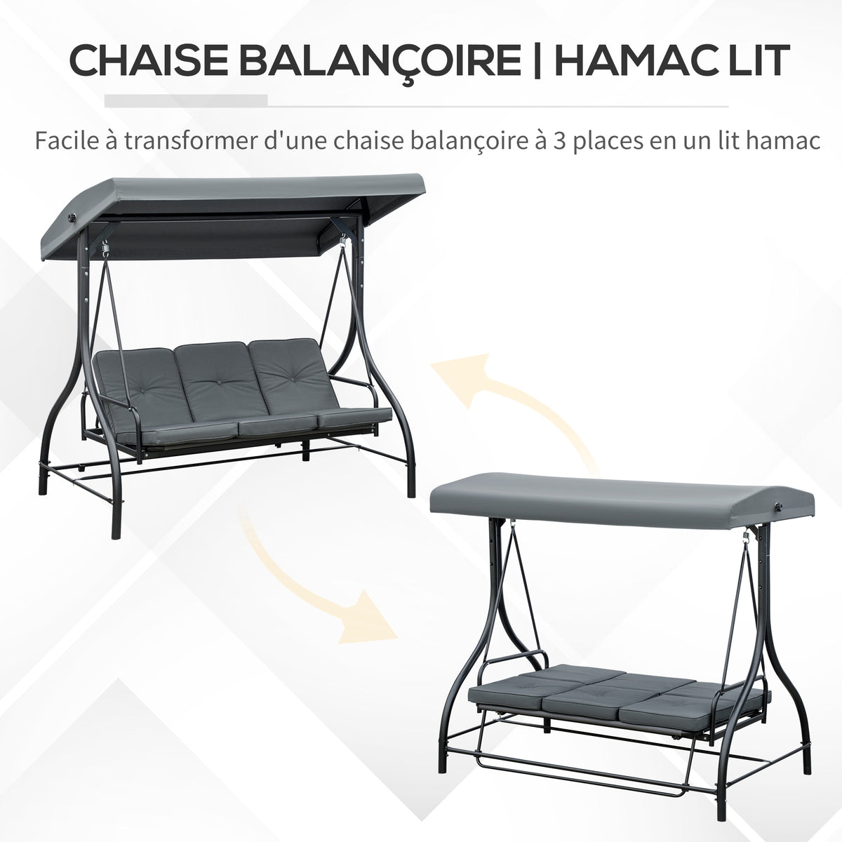 Balancelle de Jardin 3 Places Convertible Inclinaison Toit réglable Matelas Grand Confort Rembourrage 7 cm fourni