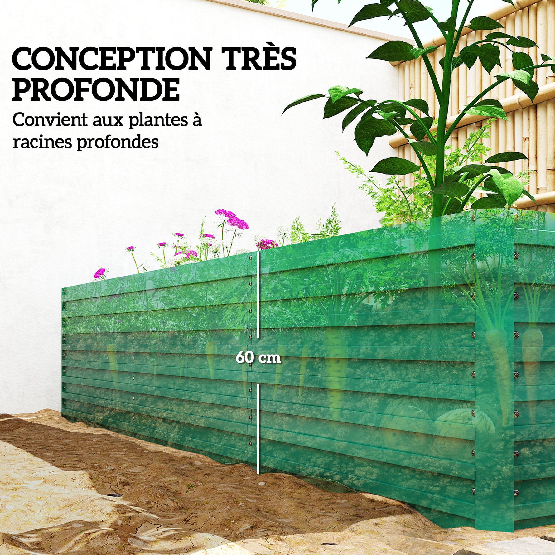 Jardinière surélevée galvanisée rectangulaire pour l'extérieur - fond ouvert - 240 x 120 x 60cm, vert
