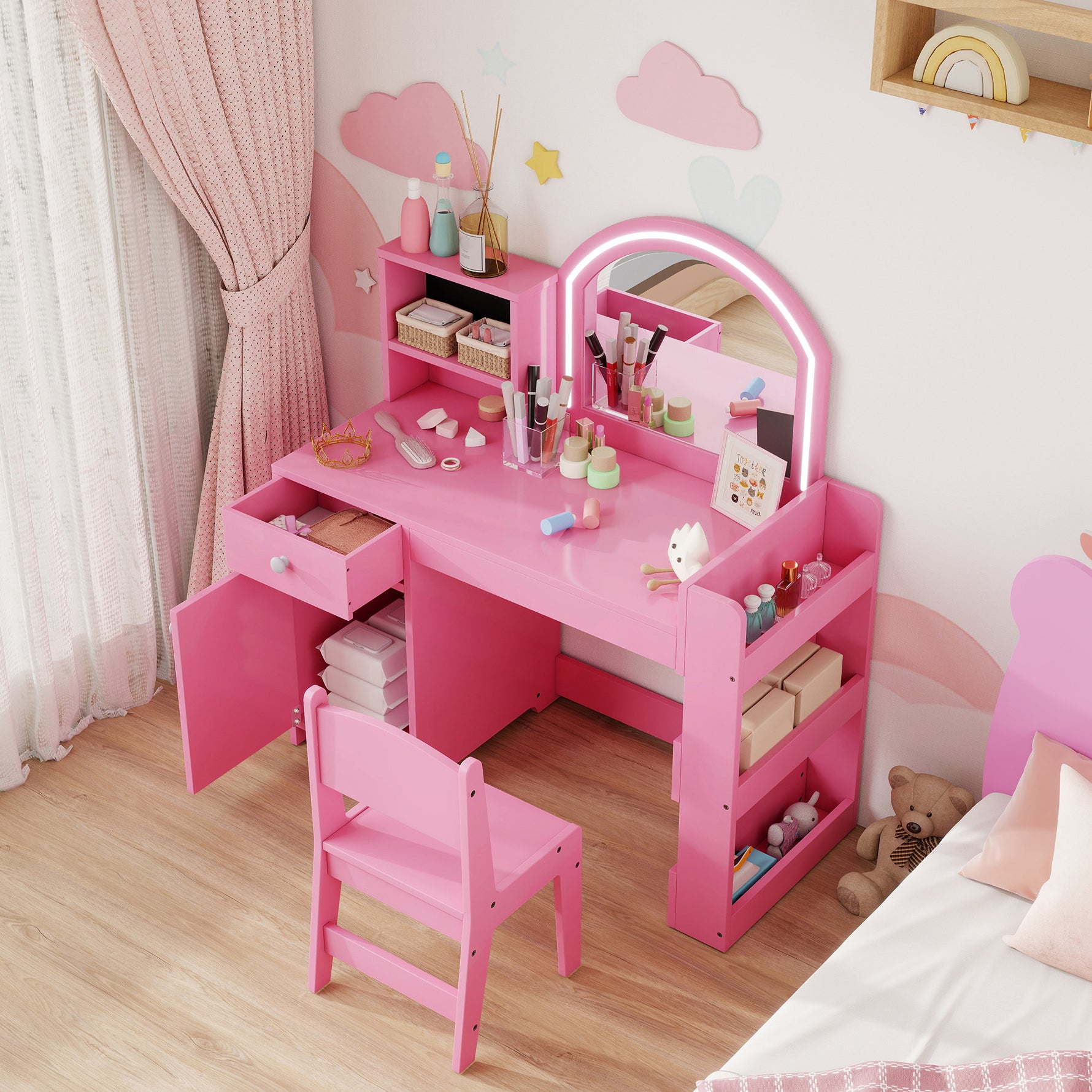Coiffeuse pour enfants avec tabouret et miroir LED, table de maquillage pour 3 à 8 ans, 88,6 x 38,8 x 96,9 cm, rose