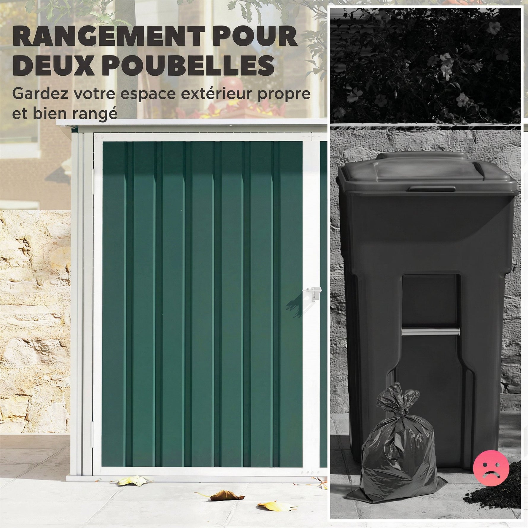 Cache Poubelle Extérieur en Acier Galvanisé pour 2 Poubelles, Double Porte, Couvercle Pneumatique, 180x108x130cm, Vert