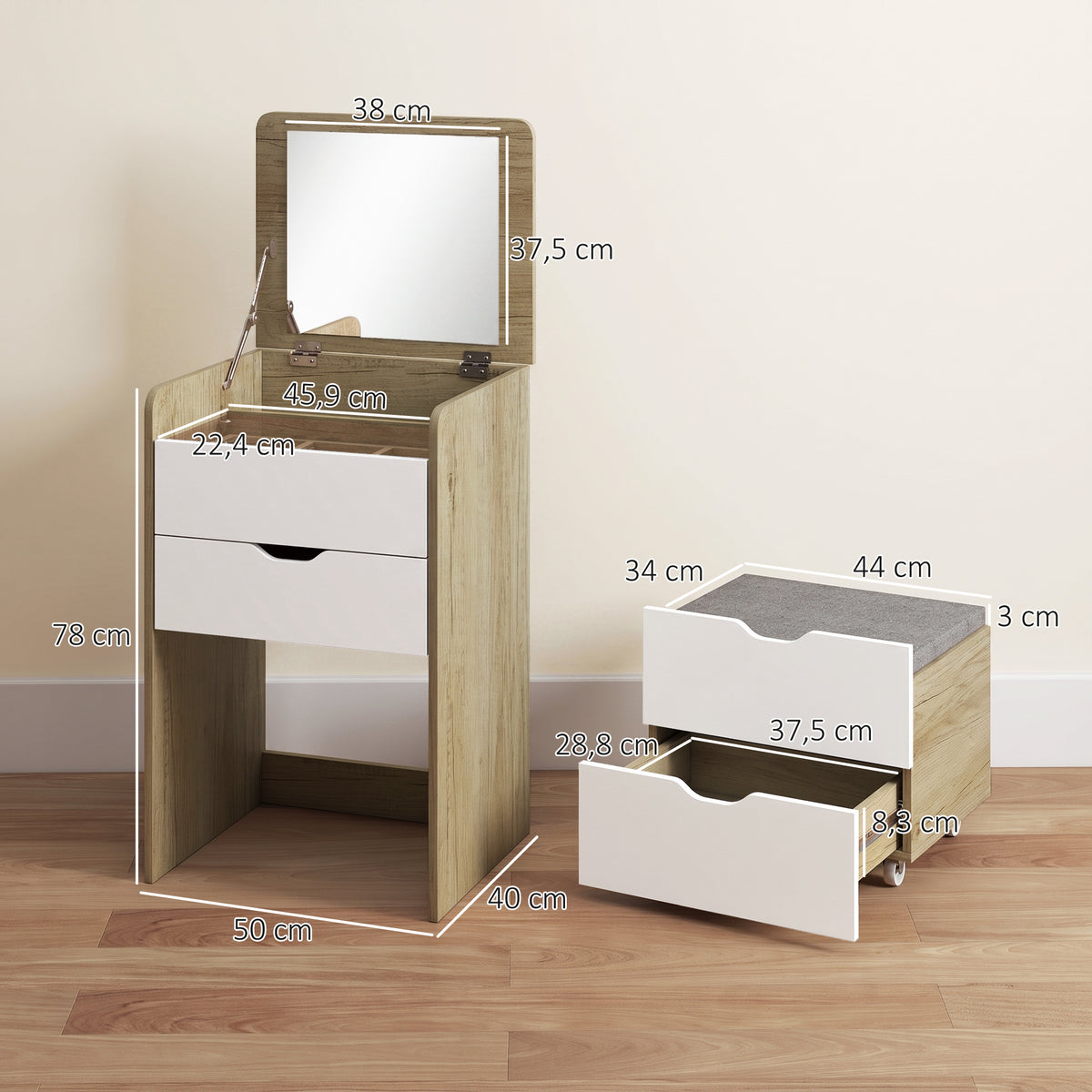 Dressing table with flip-top mirror and storage stool, makeup table, 2 drawers, padded seat, white oak