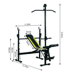 Banc de musculation Fitness entrainement complet dossier réglable cordes traction curler supports barre et haltères noir et jaune