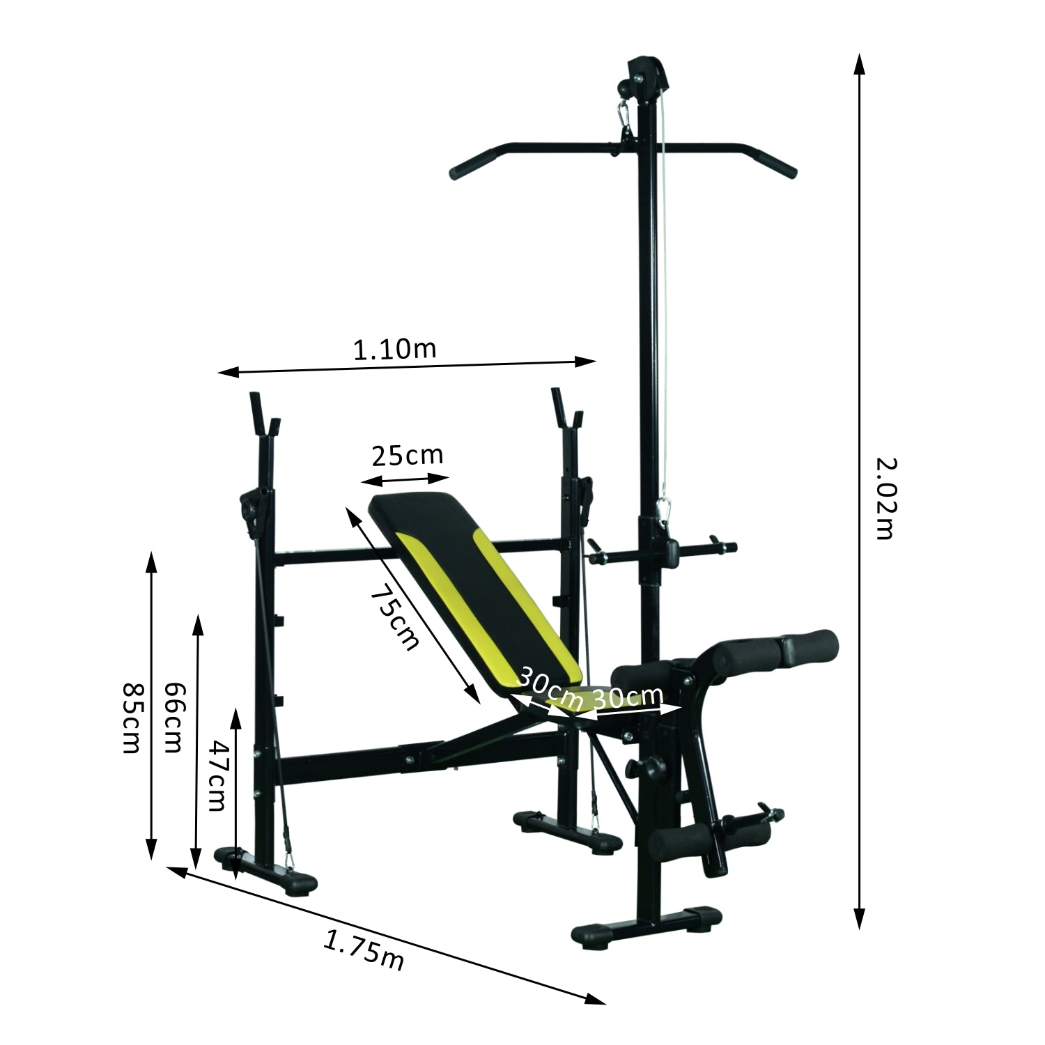 Banc de musculation Fitness entrainement complet dossier réglable cordes traction curler supports barre et haltères noir et jaune