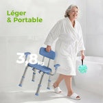 Tabouret de douche chaise de douche ergonomique avec accoudoirs, dossier, hauteur et siège réglables, bleu