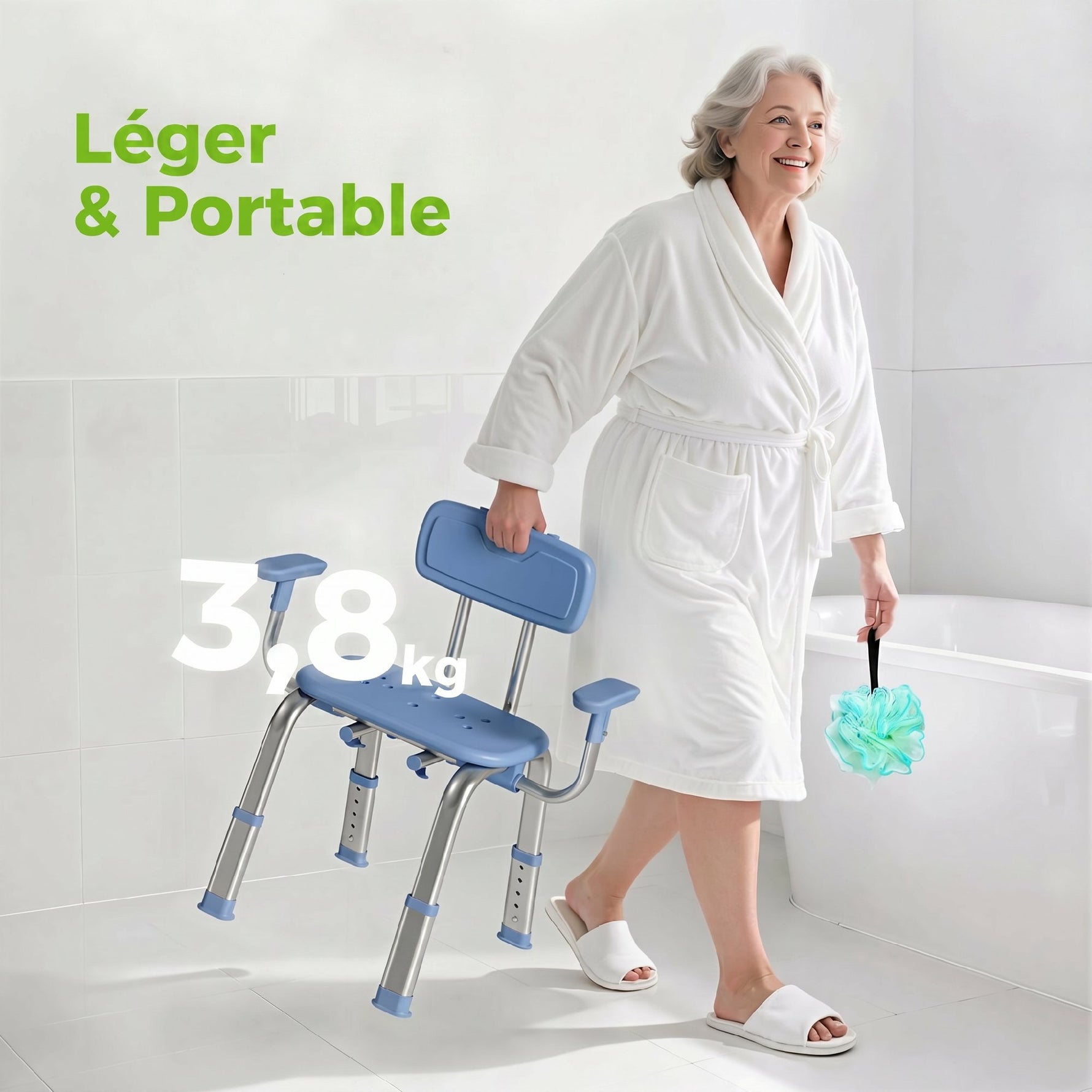 Tabouret de douche chaise de douche ergonomique avec accoudoirs, dossier, hauteur et siège réglables, bleu
