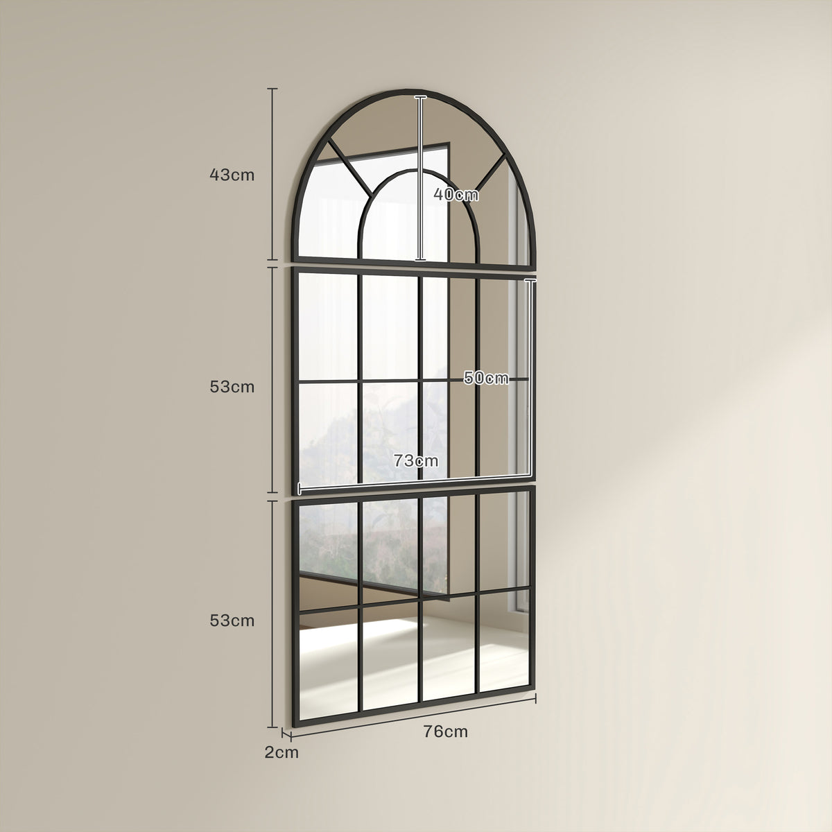 Miroir mural arqué miroir mural en forme de fenêtre ensemble de 3 pièces cadre en métal 76 x 43 cm noir