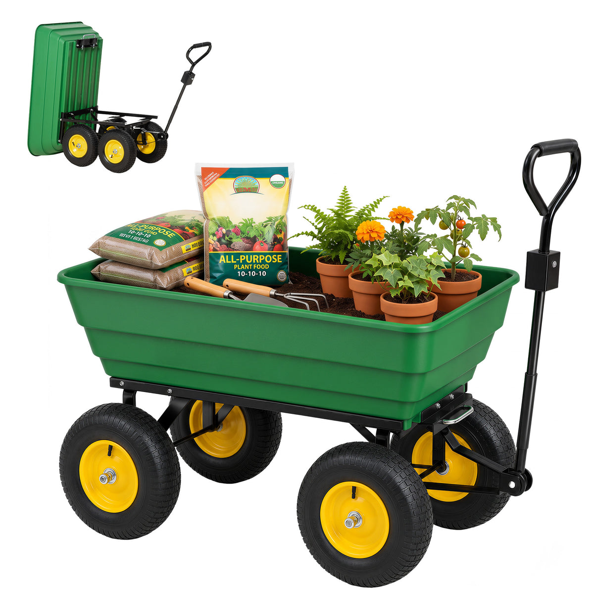 Garten-Handwagen Kippmulde 75° 125L Max. Traglast 200 Kg 4 Luftreifen Stahl PP Gelb Grün