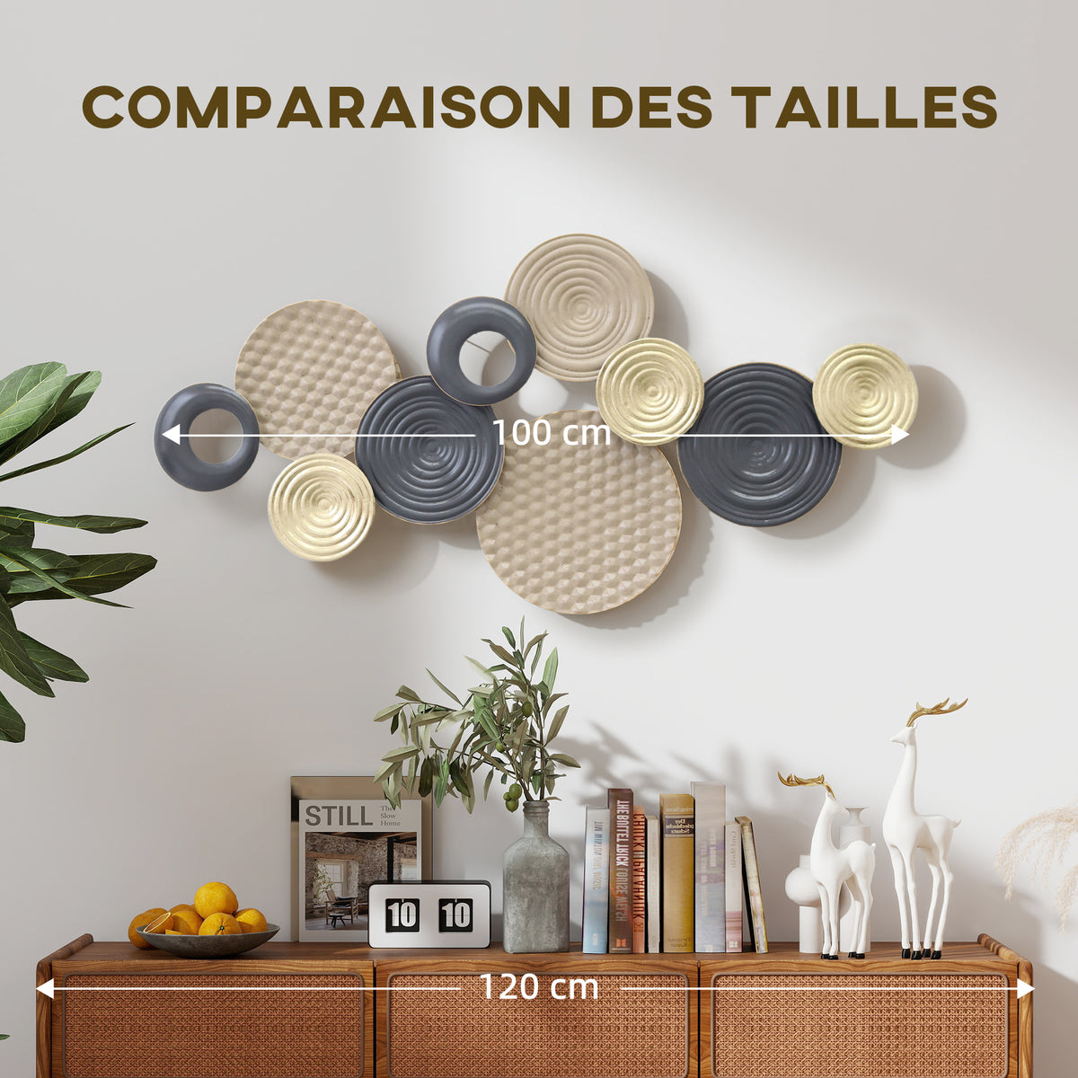 Décoration murale en métal, sculpture murale en métal, design unique à plusieurs disques, 100 x 50 cm, kaki et noir