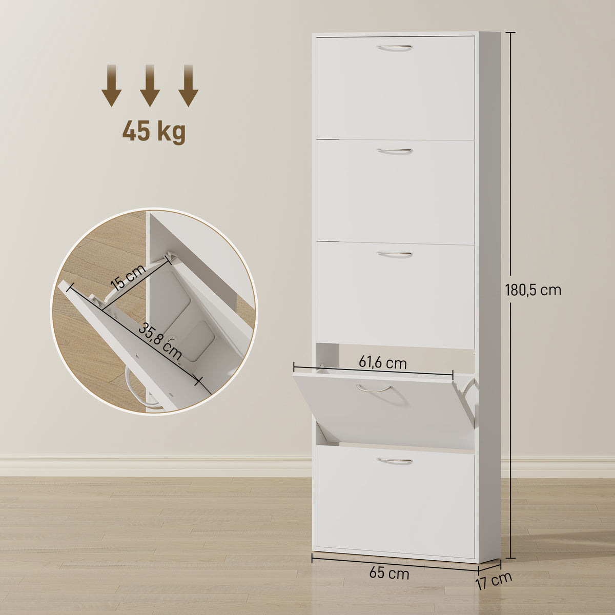 Meuble à chaussures 15 paires, armoire à chaussures étroite moderne avec 5 tiroirs rabattables, 65 x 17 x 180,5 cm blanc