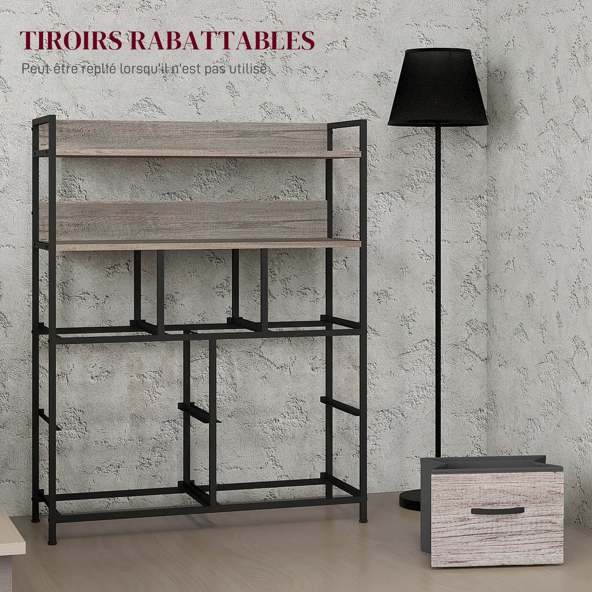 Meuble de rangement commode 7 tiroirs en tissu pliables et amovibles étagères ouvertes, gris