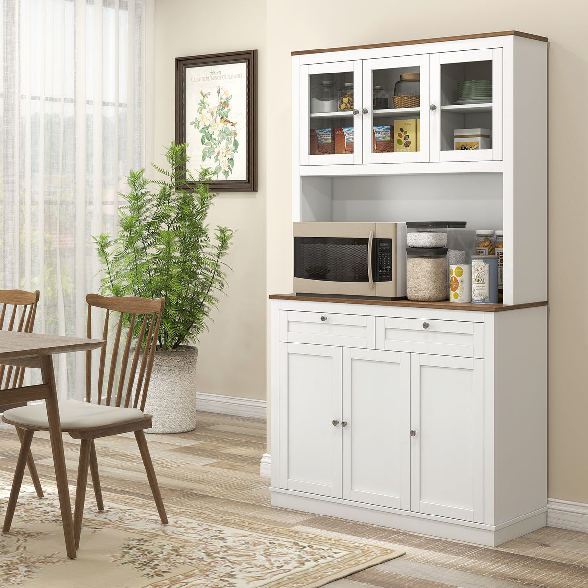 Buffet haut cuisine, armoire de cuisine, 6 portes, 2 tiroirs, plan de travail, étagères réglables, 100x40x180cm, blanc