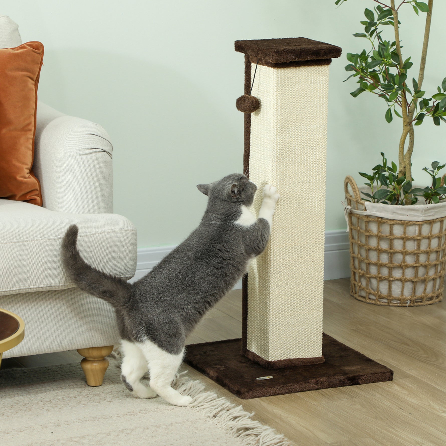 Griffoir pour chat poteau griffoir chat en sisal et peluche, boule suspendue base stable 41 x 41 x 81 cm marron et crème