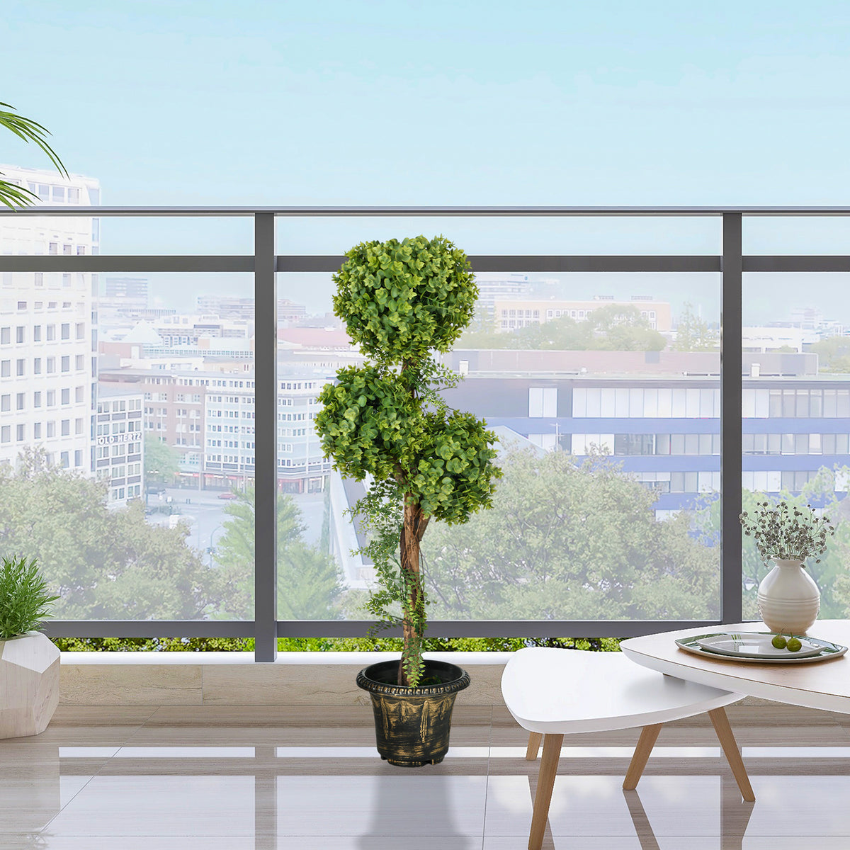 Plante artificielle arbre artificiel 3 boules de buis avec pot ciment, intérieur et extérieur, hauteur 115 cm
