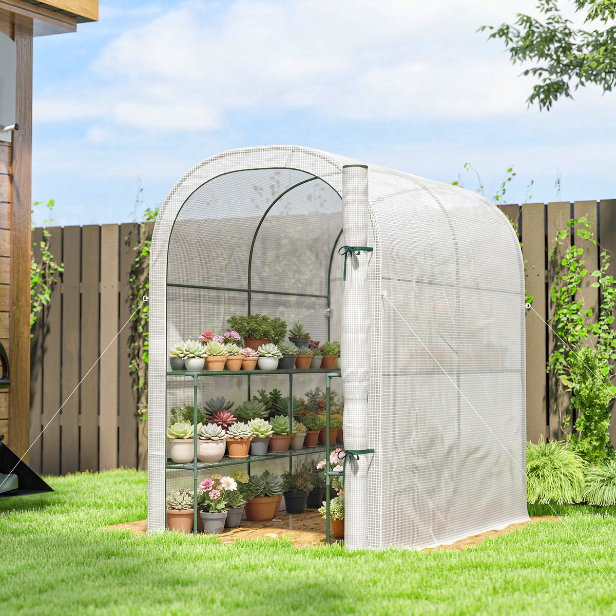 Serre de jardin avec étagères, 123x187x189cm, petite serre avec porte enroulable, bâche PE haute densité 140 g/m², blanc