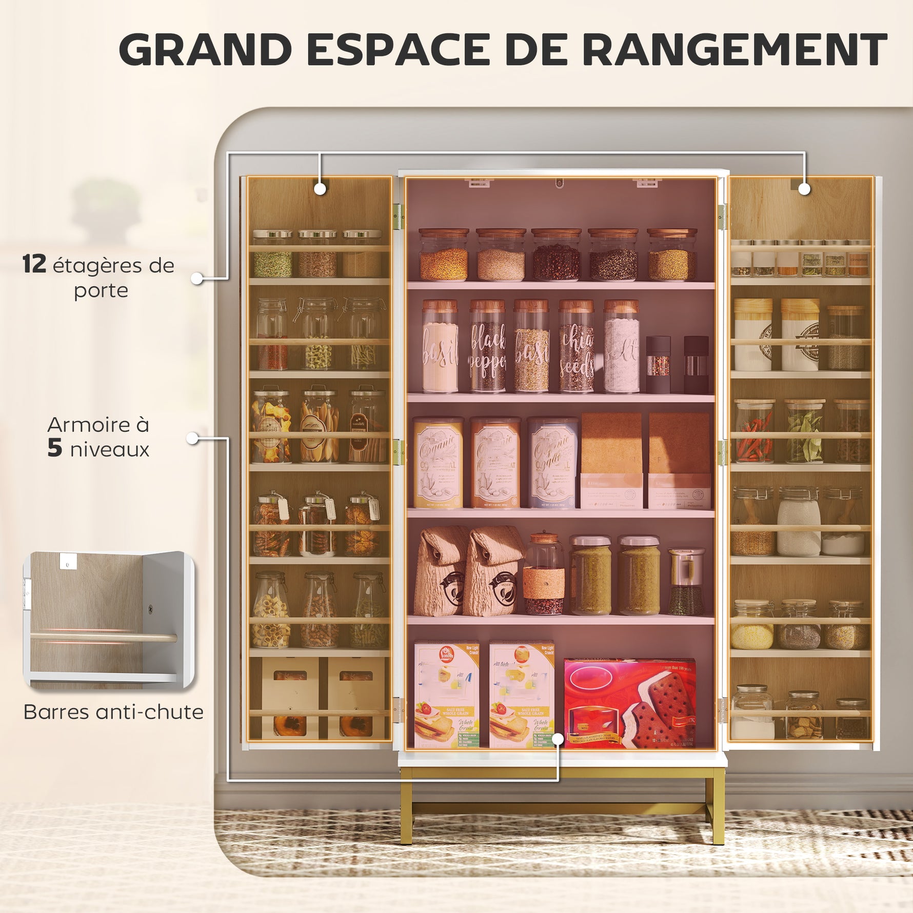 Armoire de cuisine meuble cuisine rangement avec 12 étagères à portes, étagères ajustables, 58x29x119,5cm, blanc