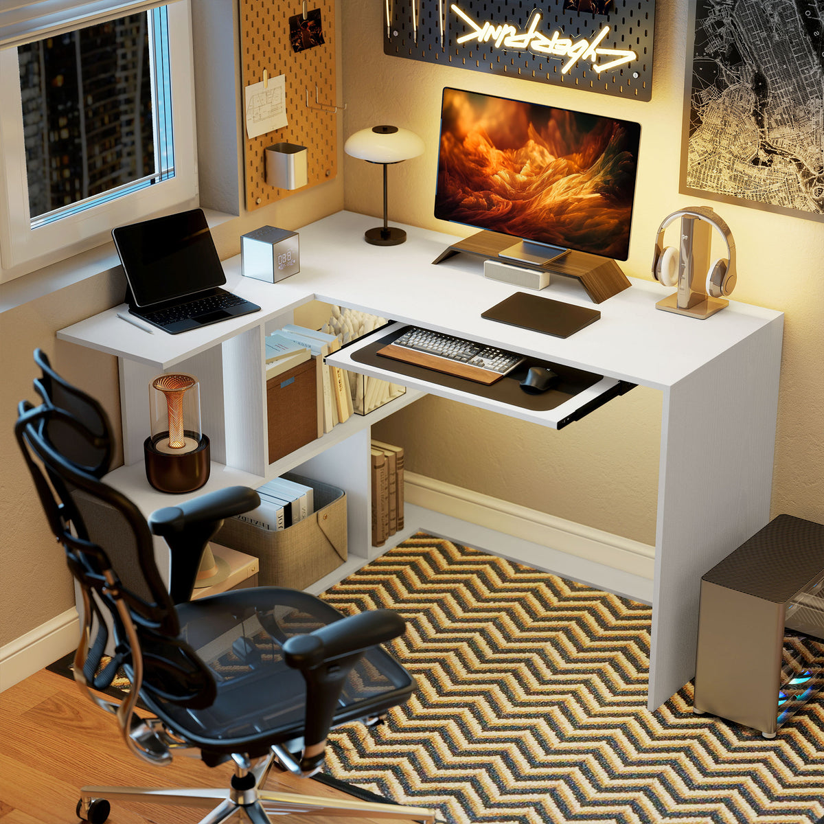 Bureau d'angle bureau en L avec étagères de rangement, plateau à clavier coulissant, 120x100x76cm, blanc
