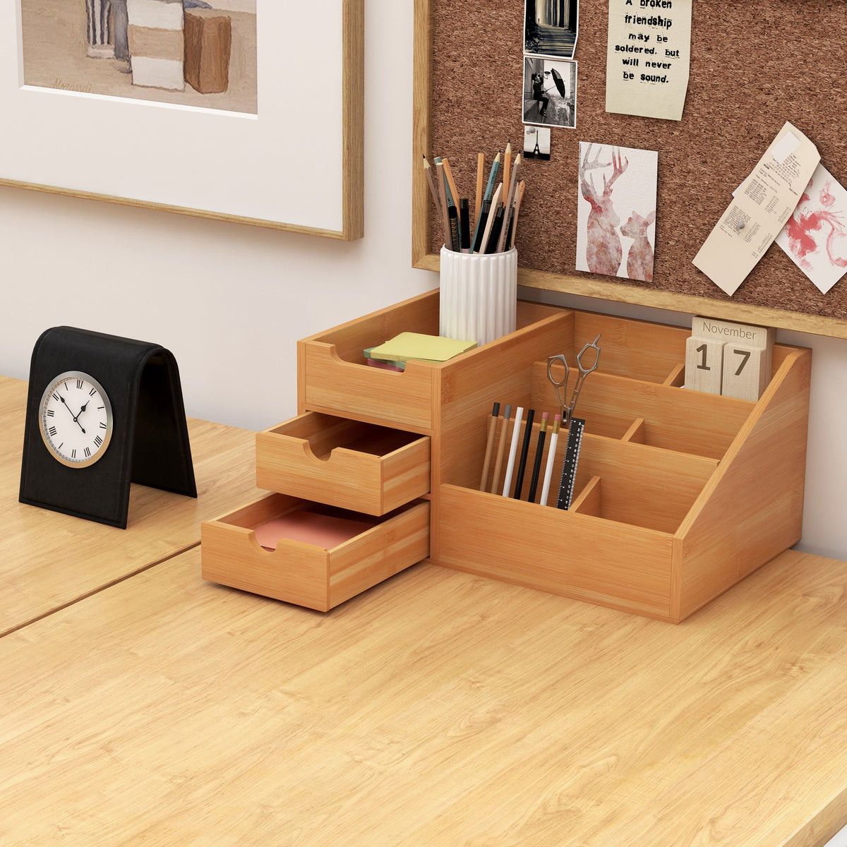 Lot de 2 boîtes de Rangement de Bureau - Organiseur de Bureau - 7 Compartiments, 2 tiroirs - Bambou Verni