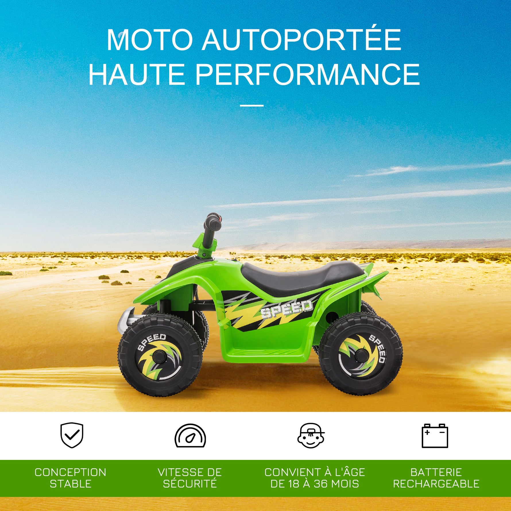 Quad électrique pour enfants 18-36 mois véhicule à batterie 6V avec marche avant et arrière 72 x 40 x 45,5 cm vert