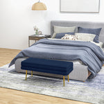 Banc banquette coffre de rangement 2 en 1 assise aspect velours et pieds acier - 100 x 37,5 x 42 cm bleu et doré
