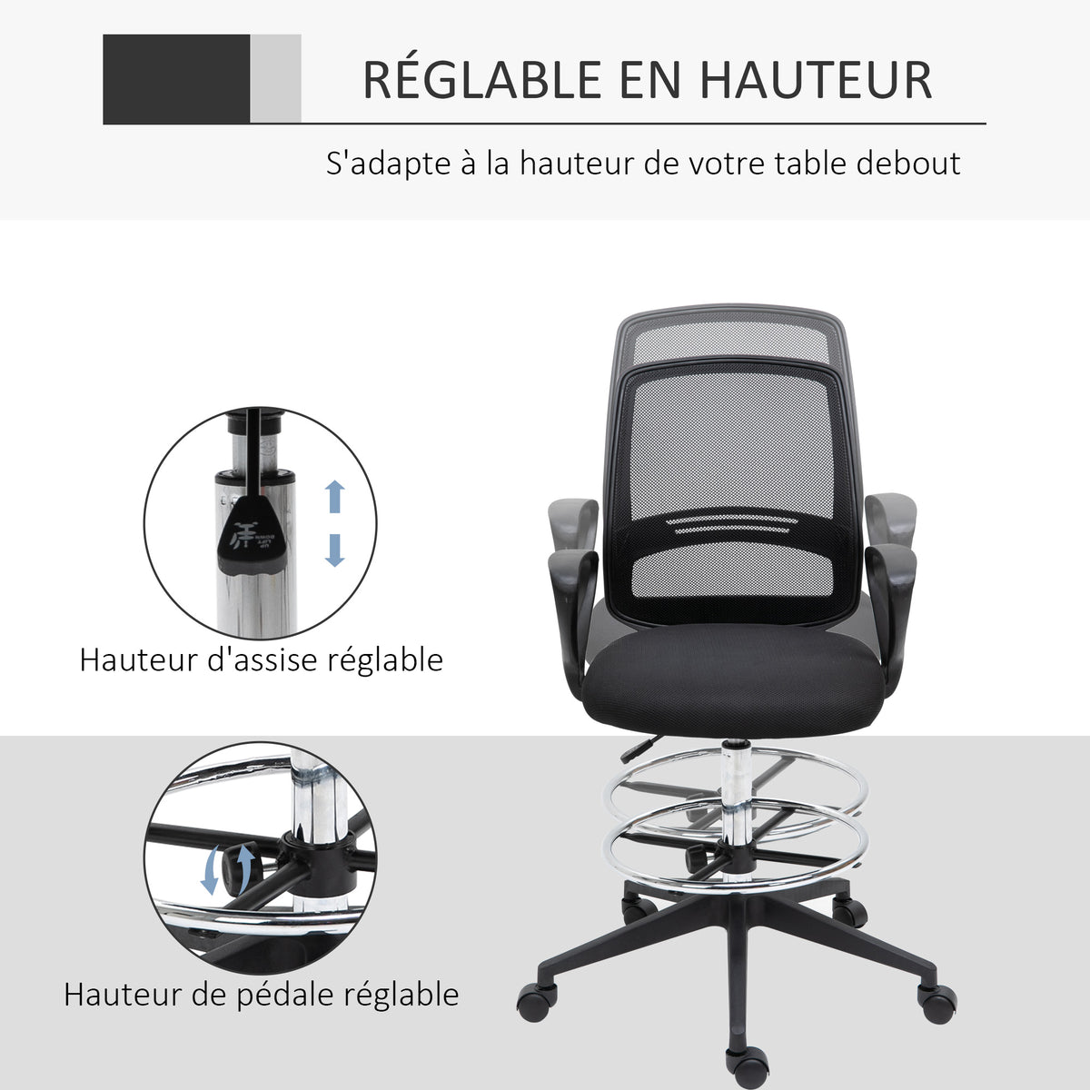 Fauteuil de bureau chaise de bureau assise haute réglable tabouret de bureau pivotant 360° maille respirante