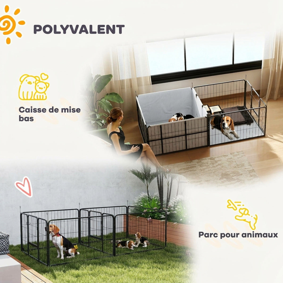 Parc de Mise Bas pour Chien 2 Compartiments Séparés avec Toile Oxford Coupe-Vent 7 Panneaux 203x102x60cm Noir
