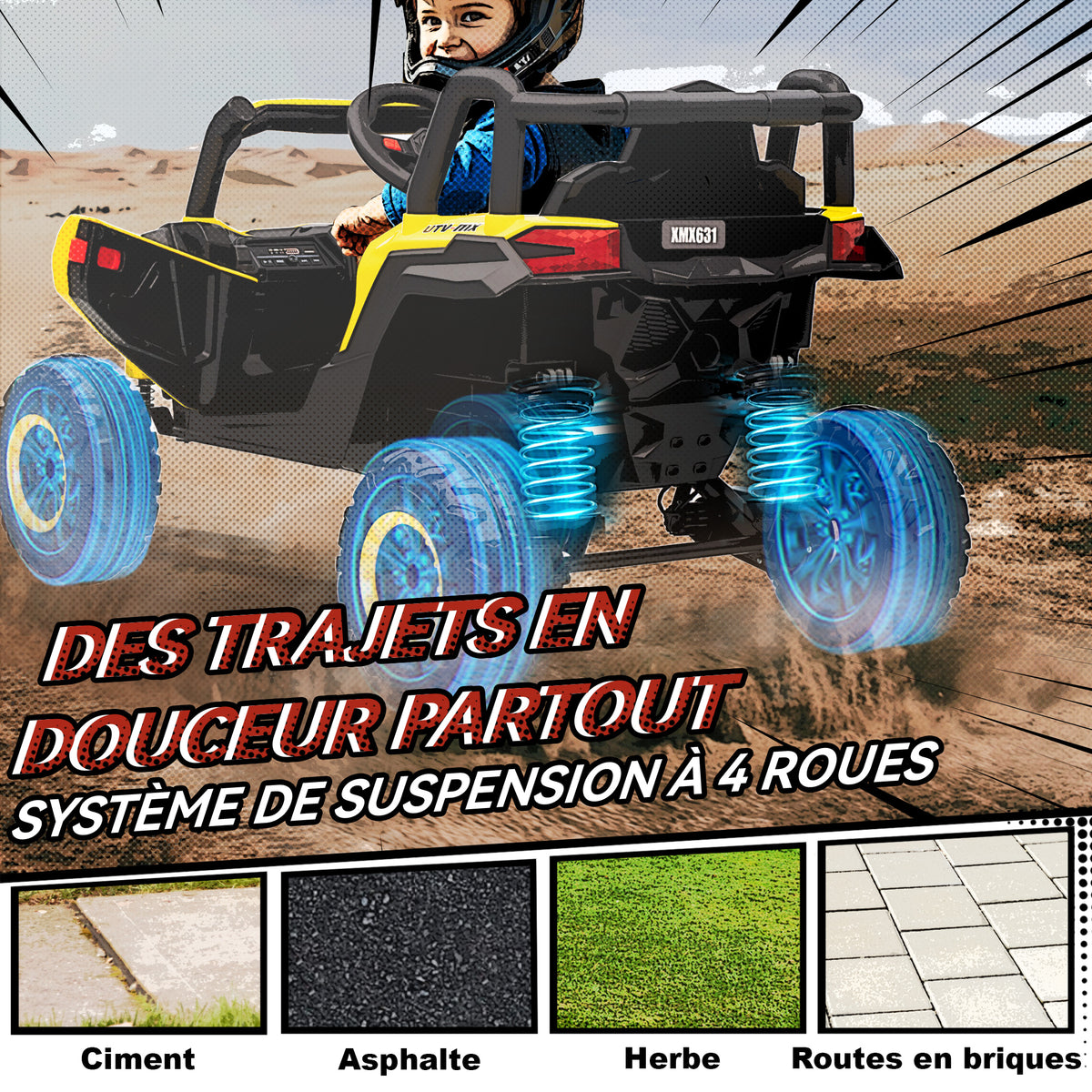Voiture électrique enfants UTV 12 V, buggy électrique enfants avec télécommande, 96 x 61 x 56 cm, jaune