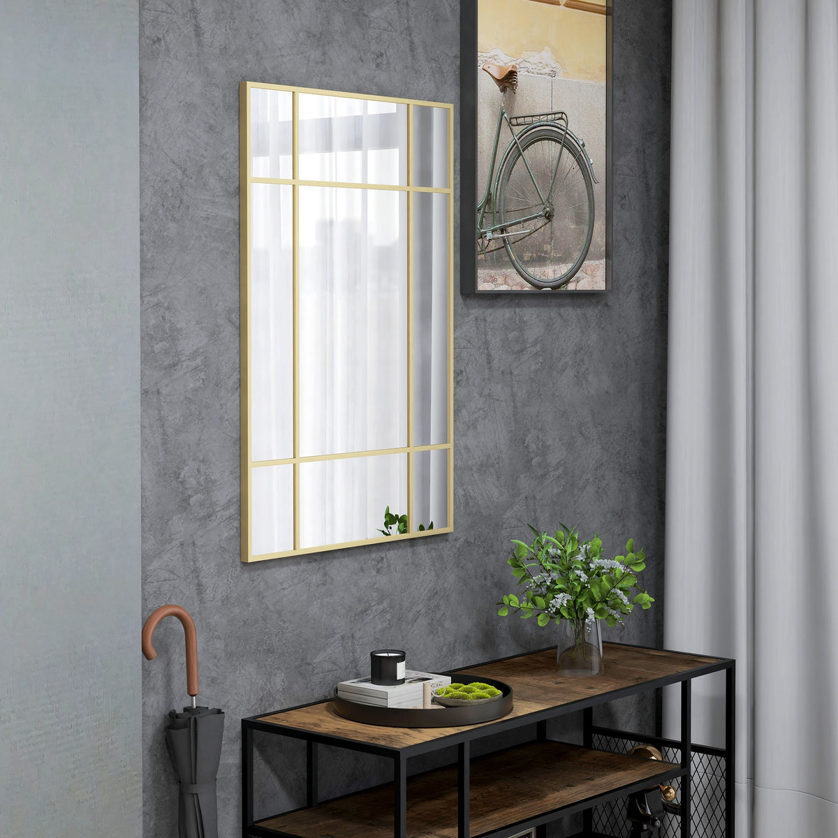 Specchio da parete stile finestra rettangolare, orizzontale o verticale con 4 ganci, in metallo dorato - 90x60 cm