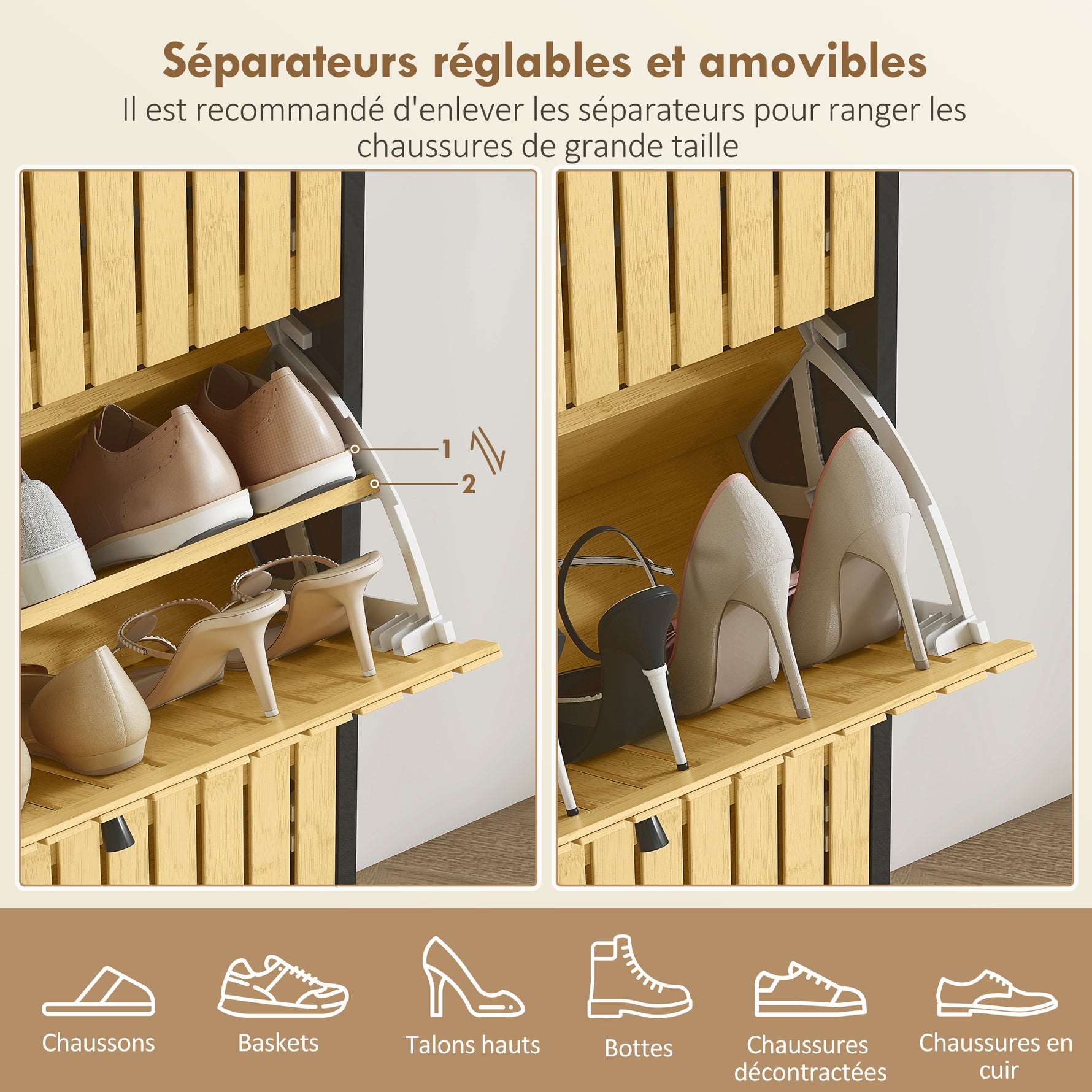 Meuble à chaussures 18 paires avec 3 tiroirs rabattables, portes en bambou à lattes, 60x24x118cm, noir et bois naturel