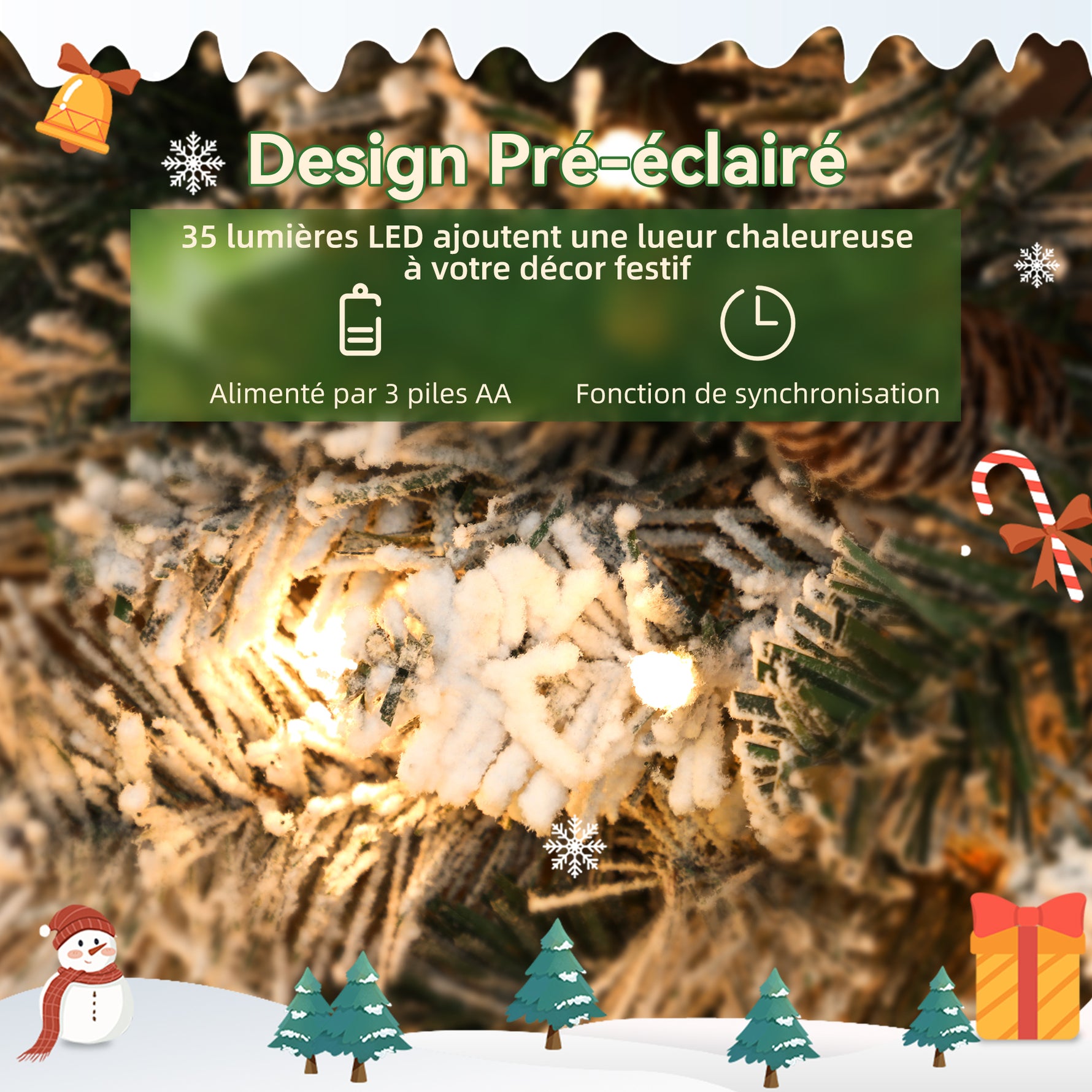 Couronne de Noël lumineuse 60 cm avec 35 LED blanc chaud, minuterie, 98 pointes, pommes de pin, vert et blanc