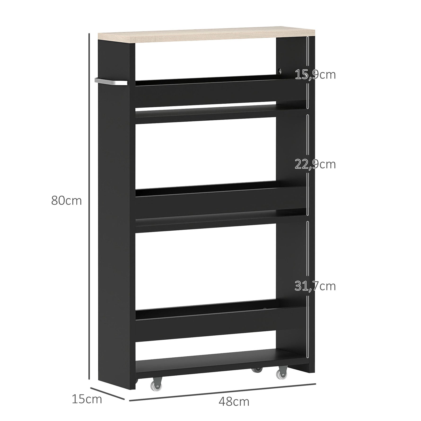 Chariot de rangement à 3 niveaux chariot de stockage étagère sur roulettes avec poignée - 48 x 15 x 80 cm noir