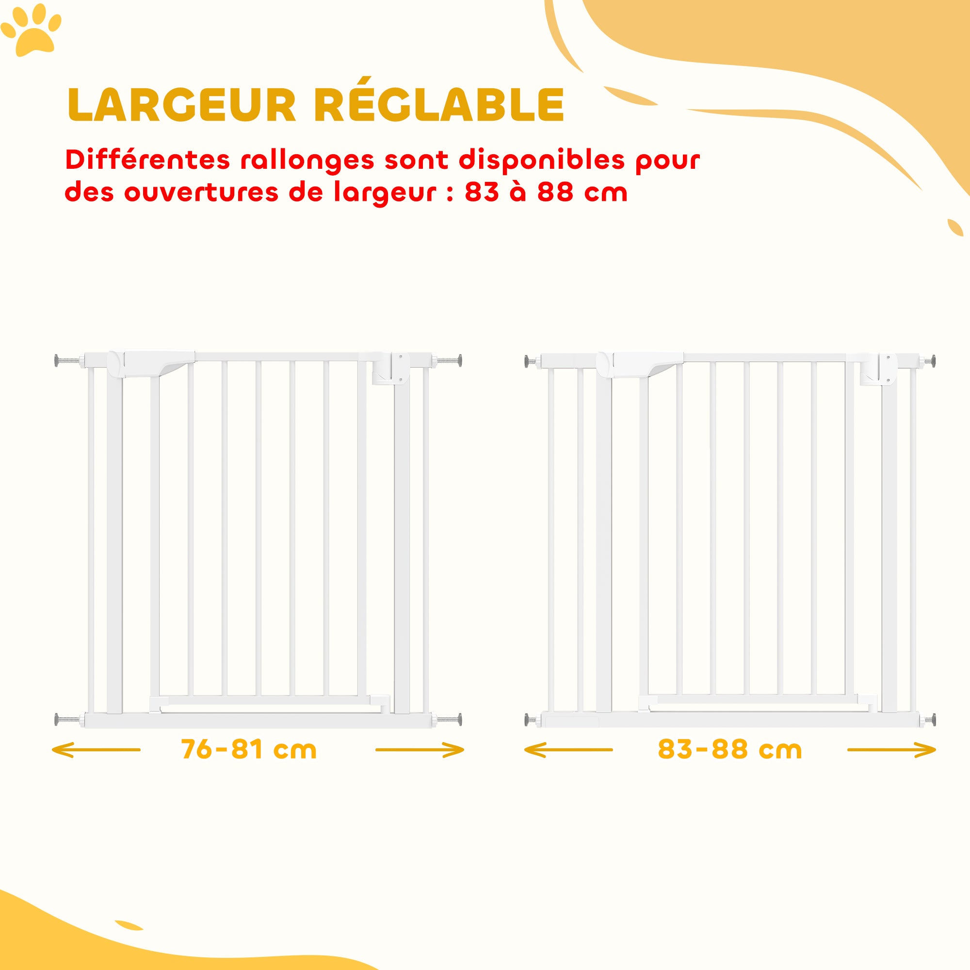 Barriera di Sicurezza per Cani e Bambini da 76 a 88 cm con Prolunga, Fissaggio a Pressione senza Fori, 76 a 88 cm, Bianco