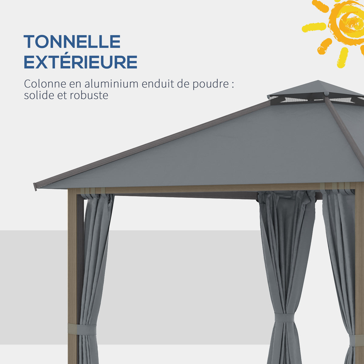 Tonnelle de jardin pour terrasse avec 4 parois latérales double toit protection solaire 3 x 3 m gris