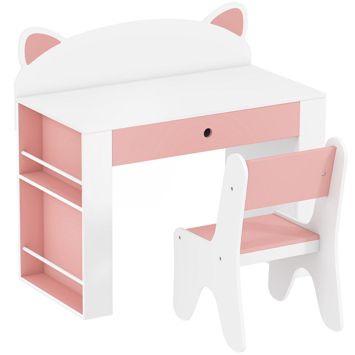 Scrivania e Sedia per Bambini 2 Pezzi, Set Tavolo per Attività, Cassetto, Libreria per Disegno, Lettura, Bianco Rosa
