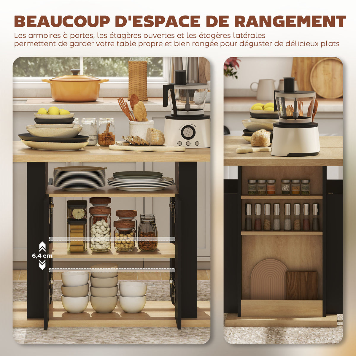 Tavolo da pranzo isola centrale cucina con ampio piano di lavoro 4 persone armadietto 4 ante 110 x 70 x 75,5 cm nero
