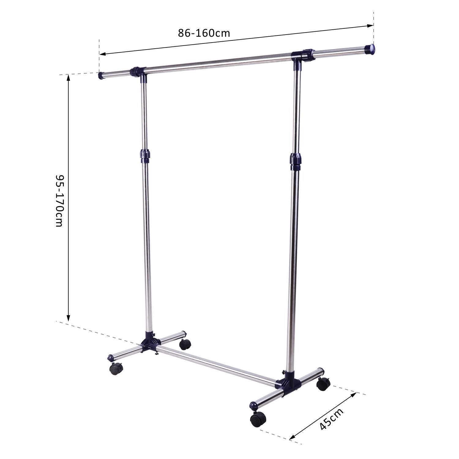 Portant à Vêtements, Tringle Réglable à Roulettes en Acier Inox, Charge Max. 25 kg, Argent