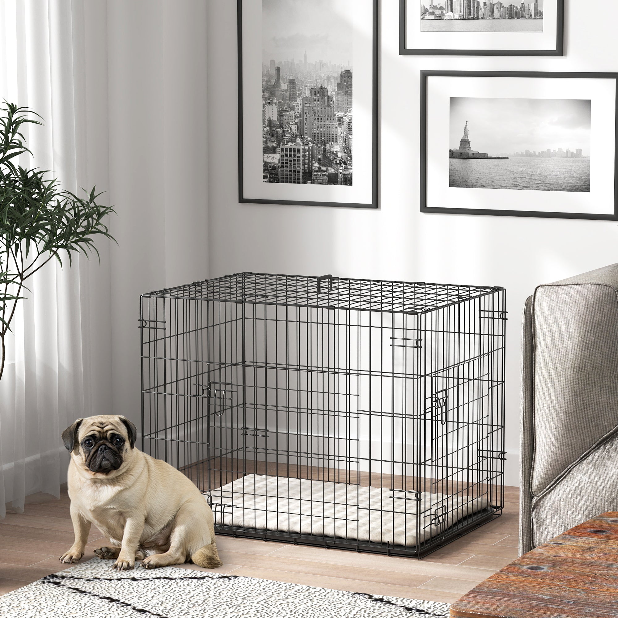 Hundekäfig, faltbare Hundetransportbox mit 2 Türen, herausnehmbarer Bodenschale und waschbarem Kissen, 75 × 48,5 × 53 cm, schwarz