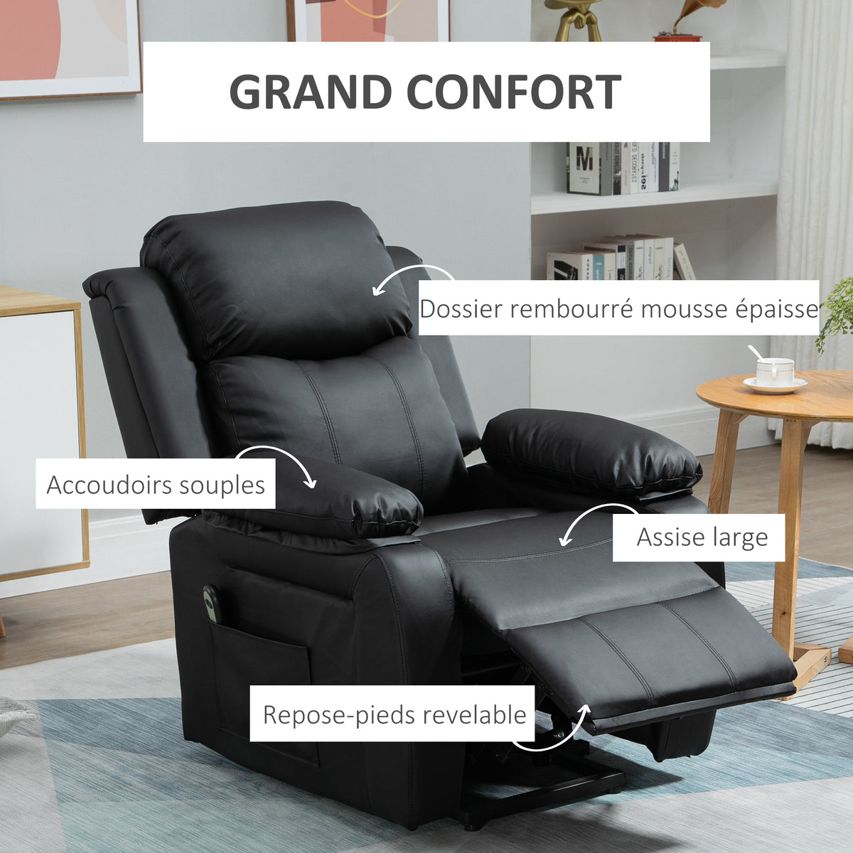 Sillón de relax eléctrico, sillón elevador reclinable con reposapiés ajustable, revestimiento sintético negro