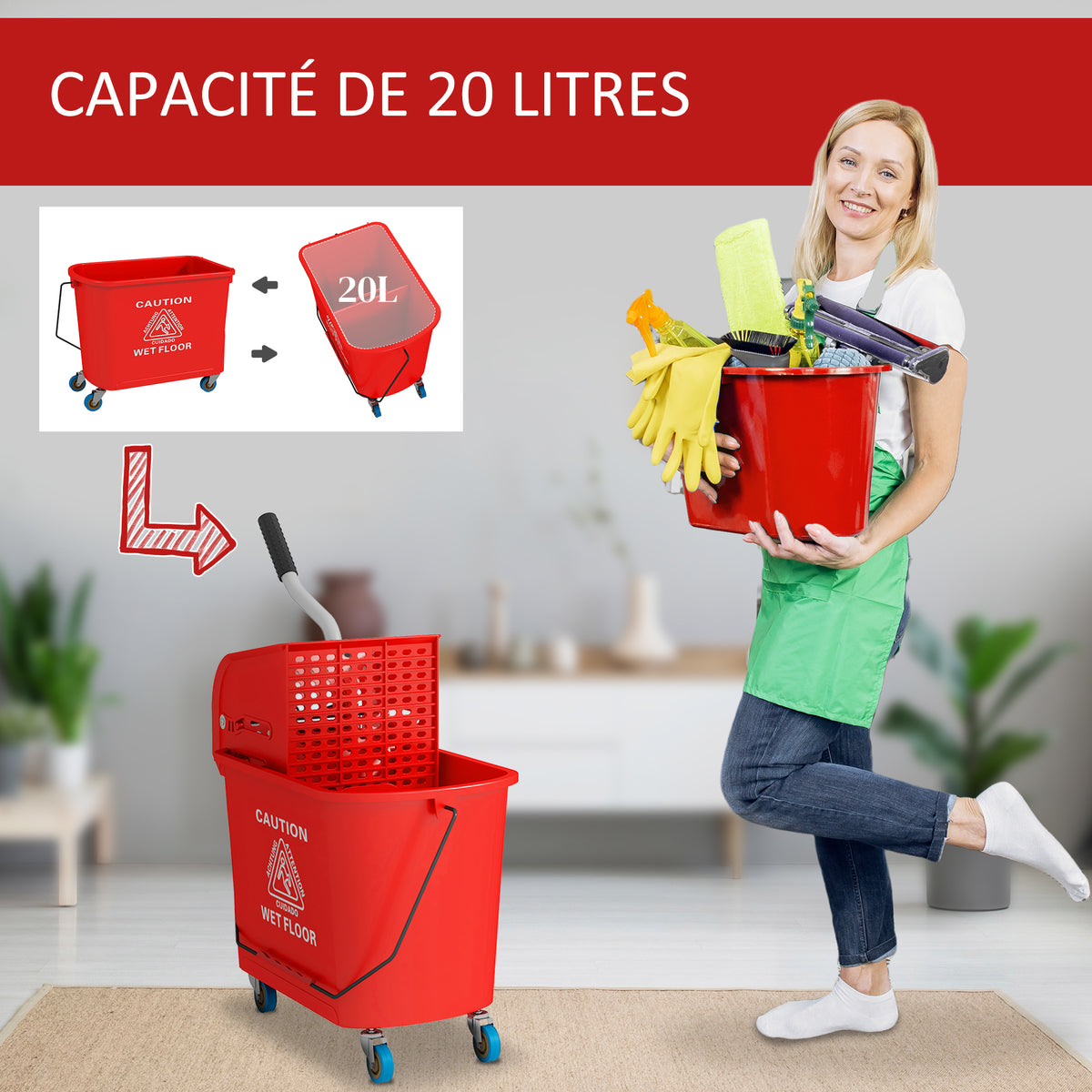 Chariot de nettoyage lavage seau de ménage 20 L avec essoreur et séparateur eau sale propre rouge 60L x 27l x 70,5H cm