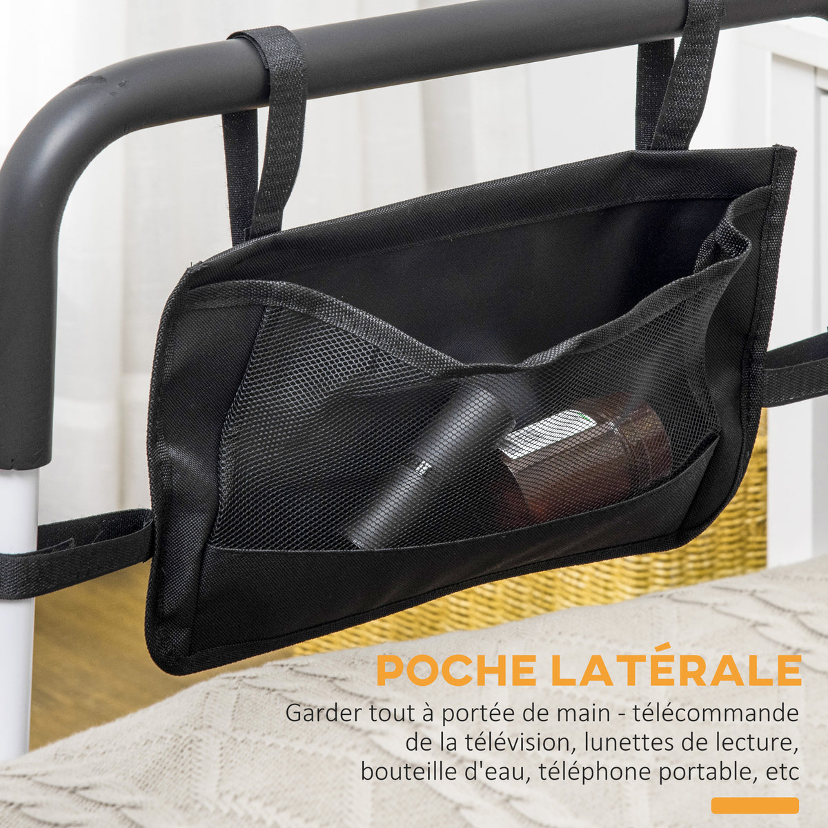 Sponda letto con piedini, protezione regolabile in 5 altezze, tasca portaoggetti, 52 x 85-95 x 71-102 cm, bianco nero