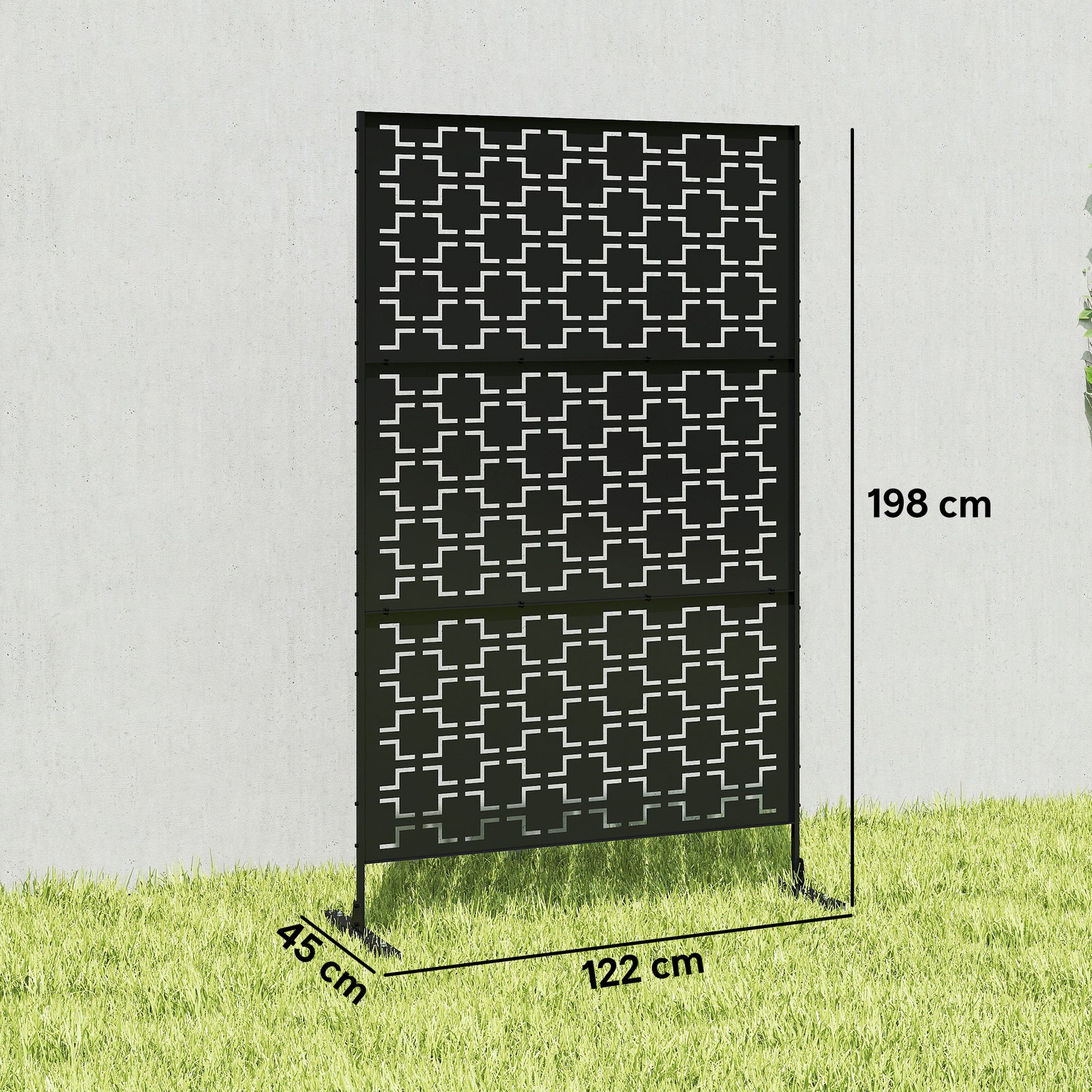 Panneau brise vue décoratif paravent extérieur à motif géométrique ajouré en métal - 122 x 45 x 198 cm, noir