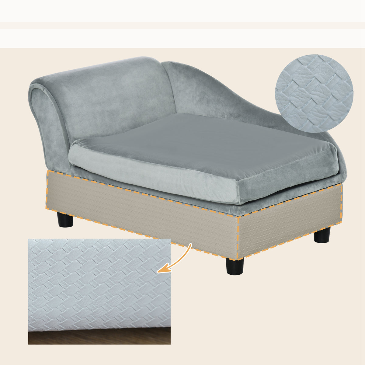 Canapé Chien Chat sur Pied avec Coffre de Rangement Style Moderne Coussin d'assise Amovible Grand Confort 76 x 45 x 43 cm gris clair