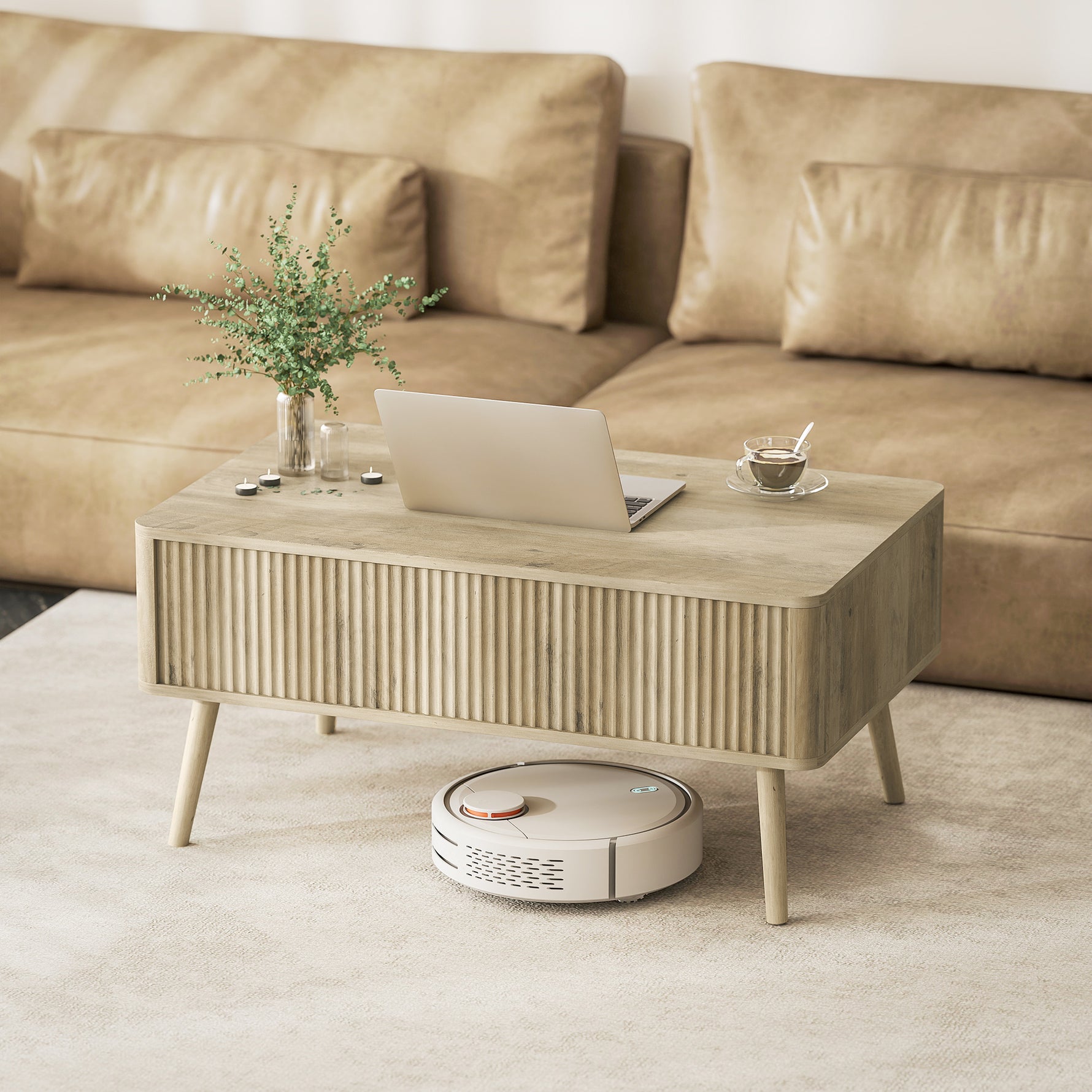Table basse relevable, table de salon avec 2 compartiments cachés et pieds en pin, 91 x 56 x 43 cm, chêne