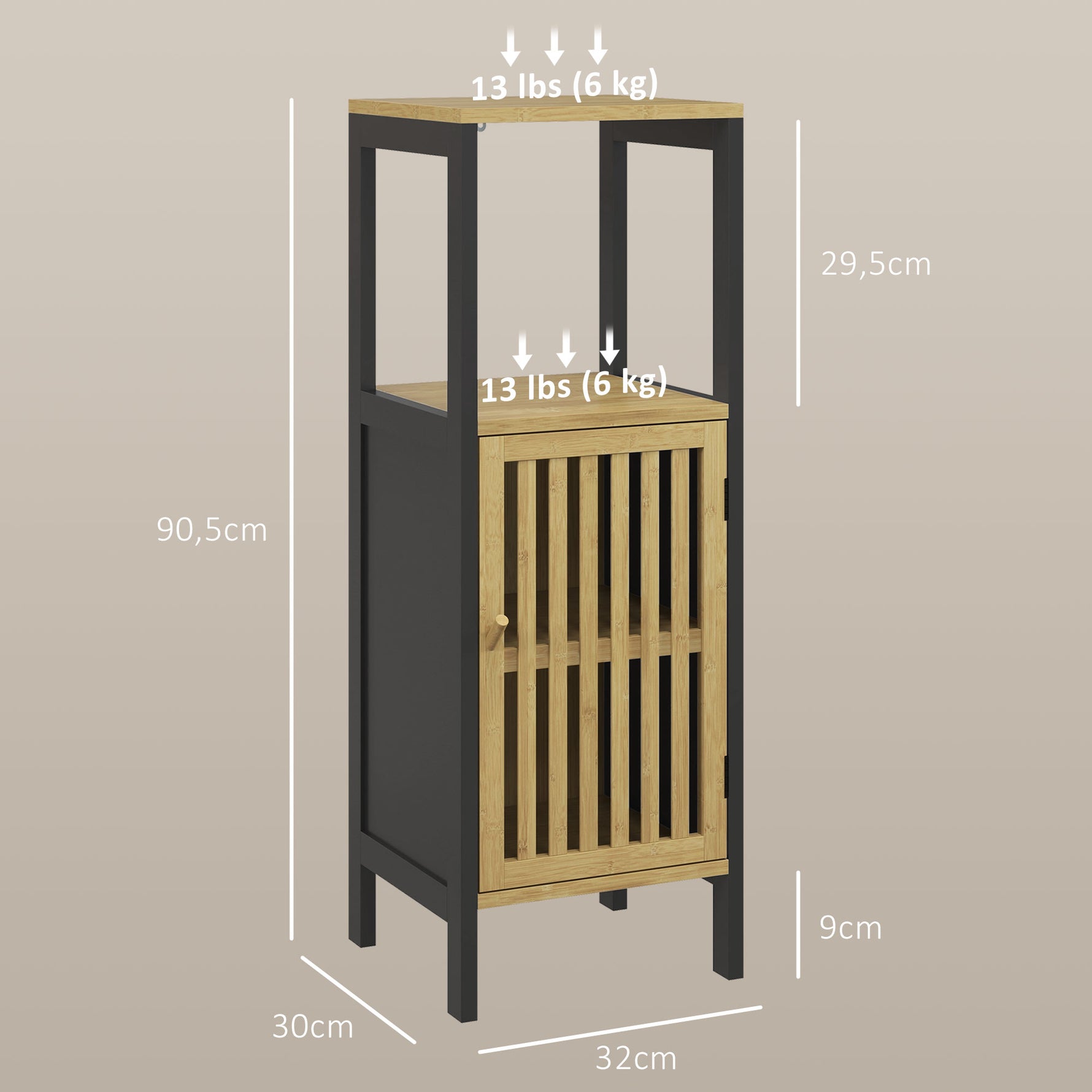Meuble bas de salle de bain en bambou avec placard 1 porte niche ouverte 32 x 30 x 90,5 cm, noir et bois