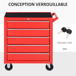 Chariot à outils sur roulettes pour atelier avec 5 tiroirs verrouillable 2 clés acier 69 x 33 x 75 cm rouge
